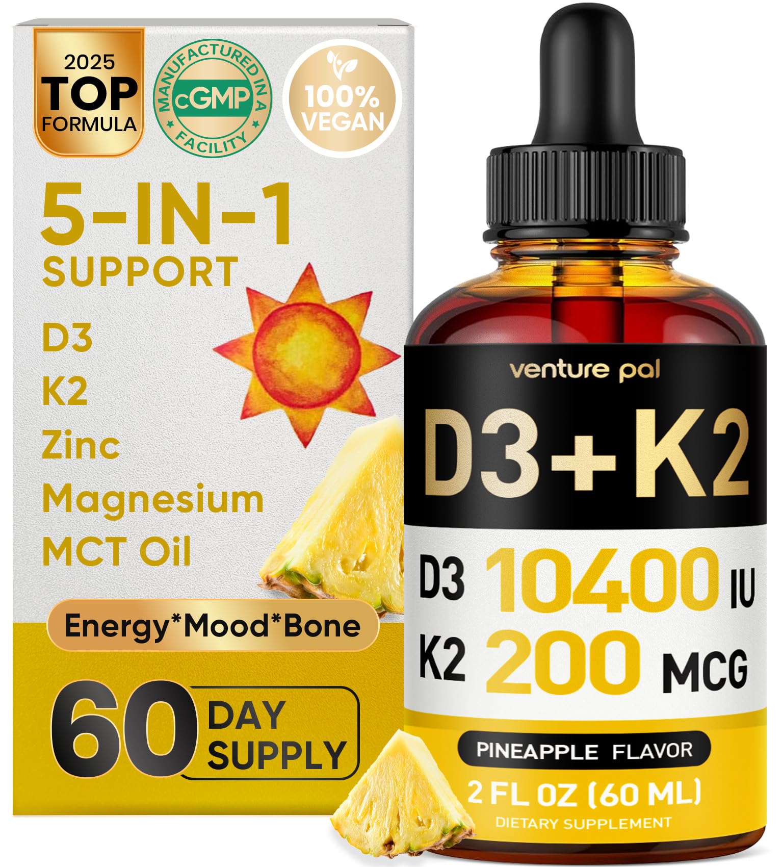 5-in-1 Vitamin D3 K2 Drops, Vitamin D3 10400 IU & K2(MK-7) 200mcg - With Magnesium, MCT Oil, Zinc, Maximum Absorption Vitamin D Liquid for Bone, Mood & Immune - Sugar Free - 2 FL OZ - 60 Days