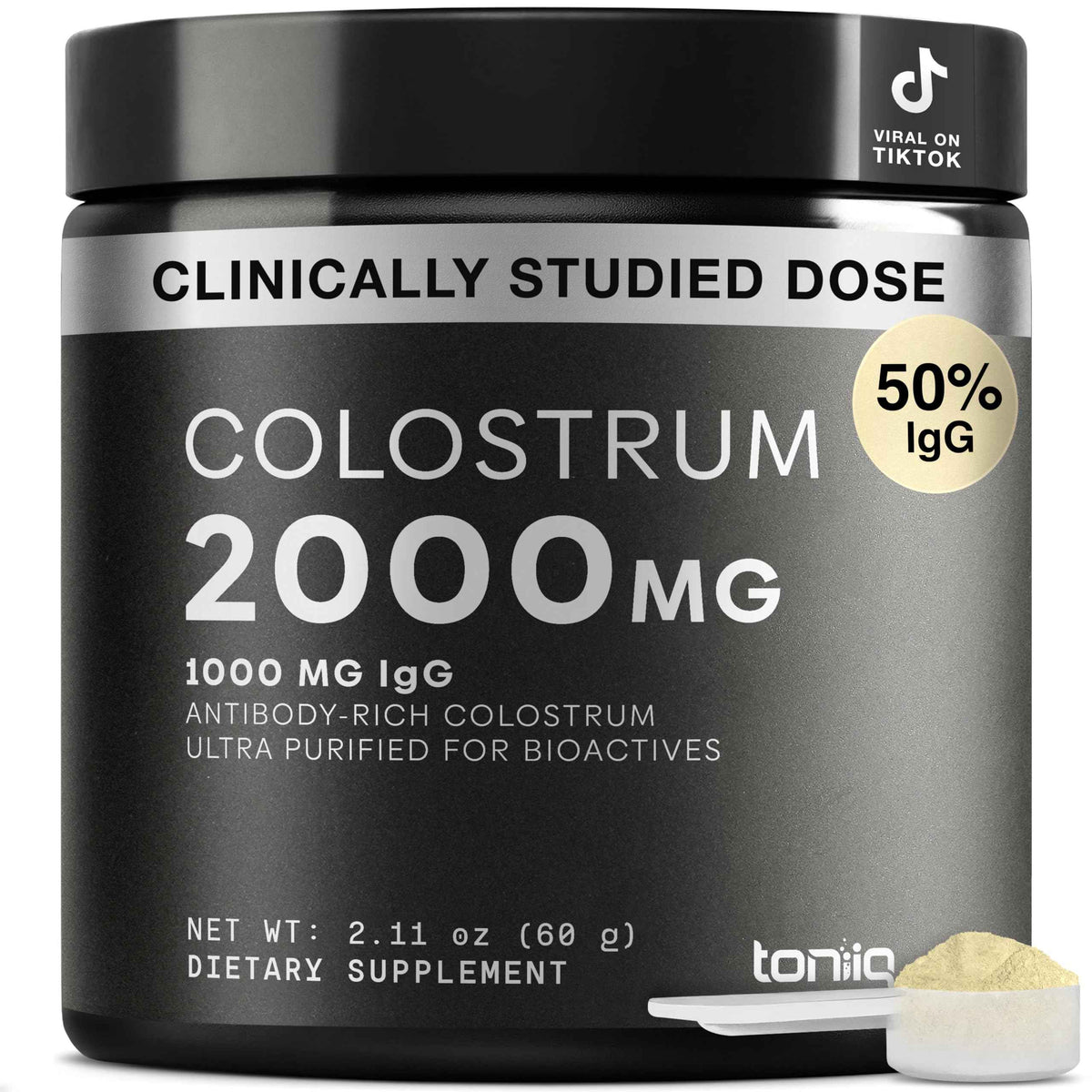Toniiq Bovine Colostrum Powder Supplement 2000mg - 50% IgG for Gut Health, Immune Support & Skin - French Colostrum Farm-to-Jar Traceable