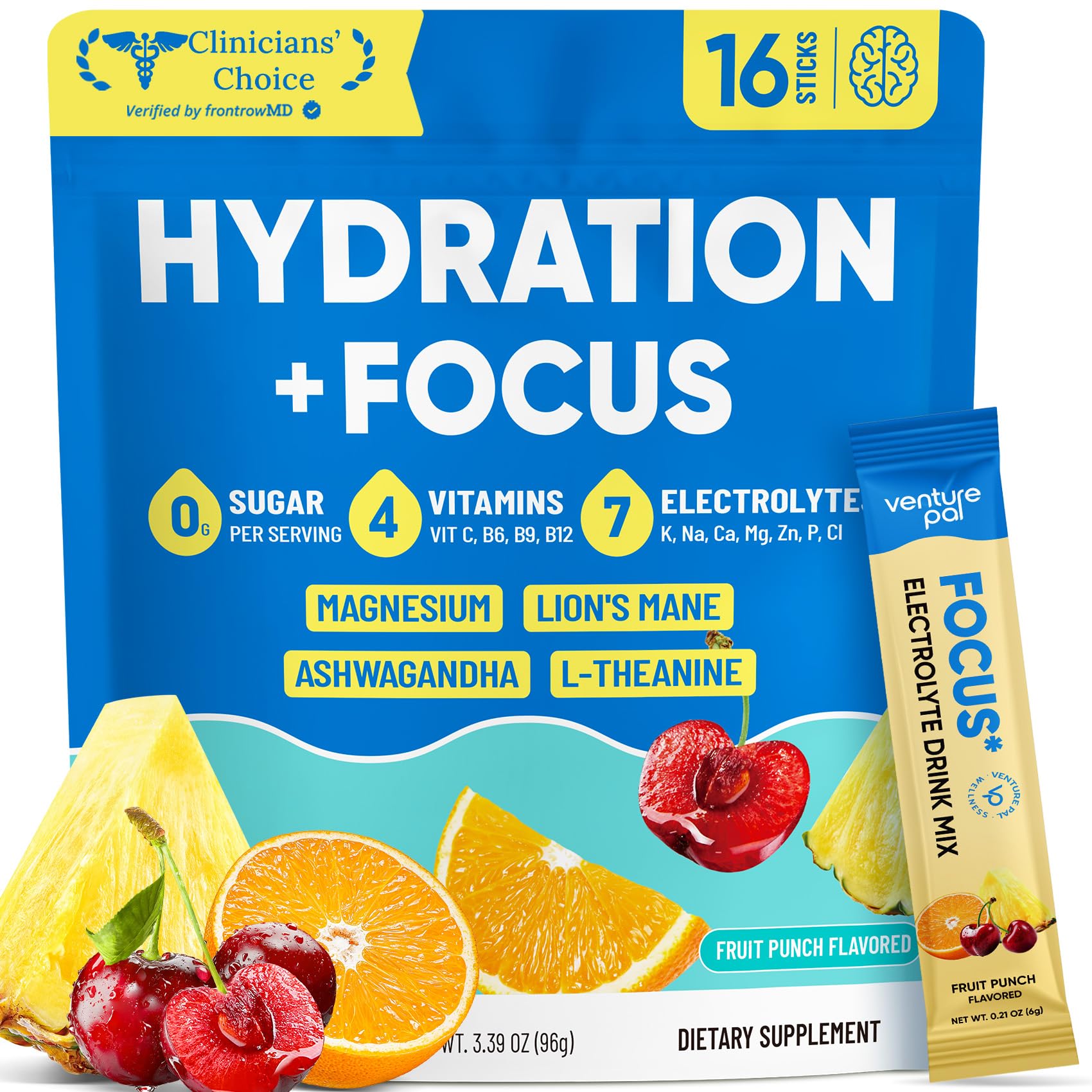 Venture Pal Sugar Free Hydration + Focus Electrolyte Packets, 16 Sticks - 7 Electrolytes + Vitamins, Magnesium, Lion's Mane & Ashwagandha, Boost Clarity & Energy, Electrolytes Powder, Vegan, Keto