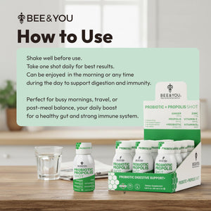 Bee and You Propolis Immune Shot, Probiotic, Vitamin C, Vitamin D3, Zinc, Ginger, Immune Support, Gut Health, Digestive Health, Bioactive 1.69 Fl. oz, 12 Pack BEE & YOU buy supplements Au