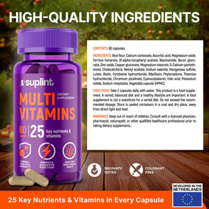 Multivitamin Supplement | Complex with Vitamin A, C, D, E, K1, B, Zinc & Chromium | Hair, Skin & Nail Beauty Vitamins | Immune Support Supplements for Men & Women | 60 Capsules SUPLINT buy supplements Au