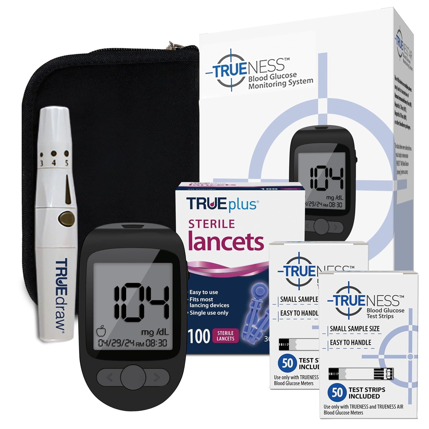 TRUENESS Blood Glucose Meter Kit with Testing Supplies - Includes Blood Glucose Monitor, Case, 100 Test Strips, 100 Lancets, Lancing Device - Fast, Easy Testing Supplies for Home Use