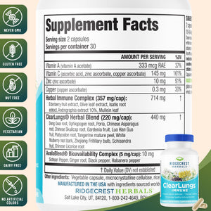 RidgeCrest Herbals ClearLungs Immune, Lung Support Supplement with Elderberry, Zinc, Vitamin C, Vitamin A, Olive Leaf, Mullein, Lung Wellness Formula for Respiratory Health (60 Vegan Caps, 30 Serv) RidgeCrest HerbalsBuy Supplements Australia