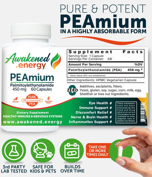 Palmitoylethanolamide 450mg Comfort Mobility Nerves Cognitive & Immune Support - Micronized High Absorption - All Natural Pea - USA Made - No Additives or Excipients – 60 Vegan Capsules Supplement Awakened.energyBuy Supplements Australia
