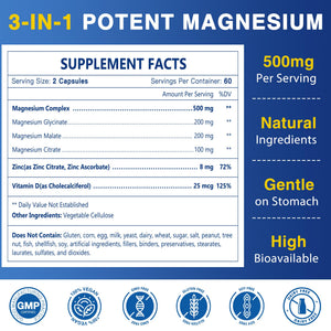 Magnesium Complex 500mg, Magnesium Glycinate, Malate & Citrate - High Absorption Chelated Triple Magnesium Supplement with Zinc, Vitamin D3 for Muscle, Nerve, Bone & Immune Support, Vegan 120 Capsules NATURE TARGET buy supplements Au