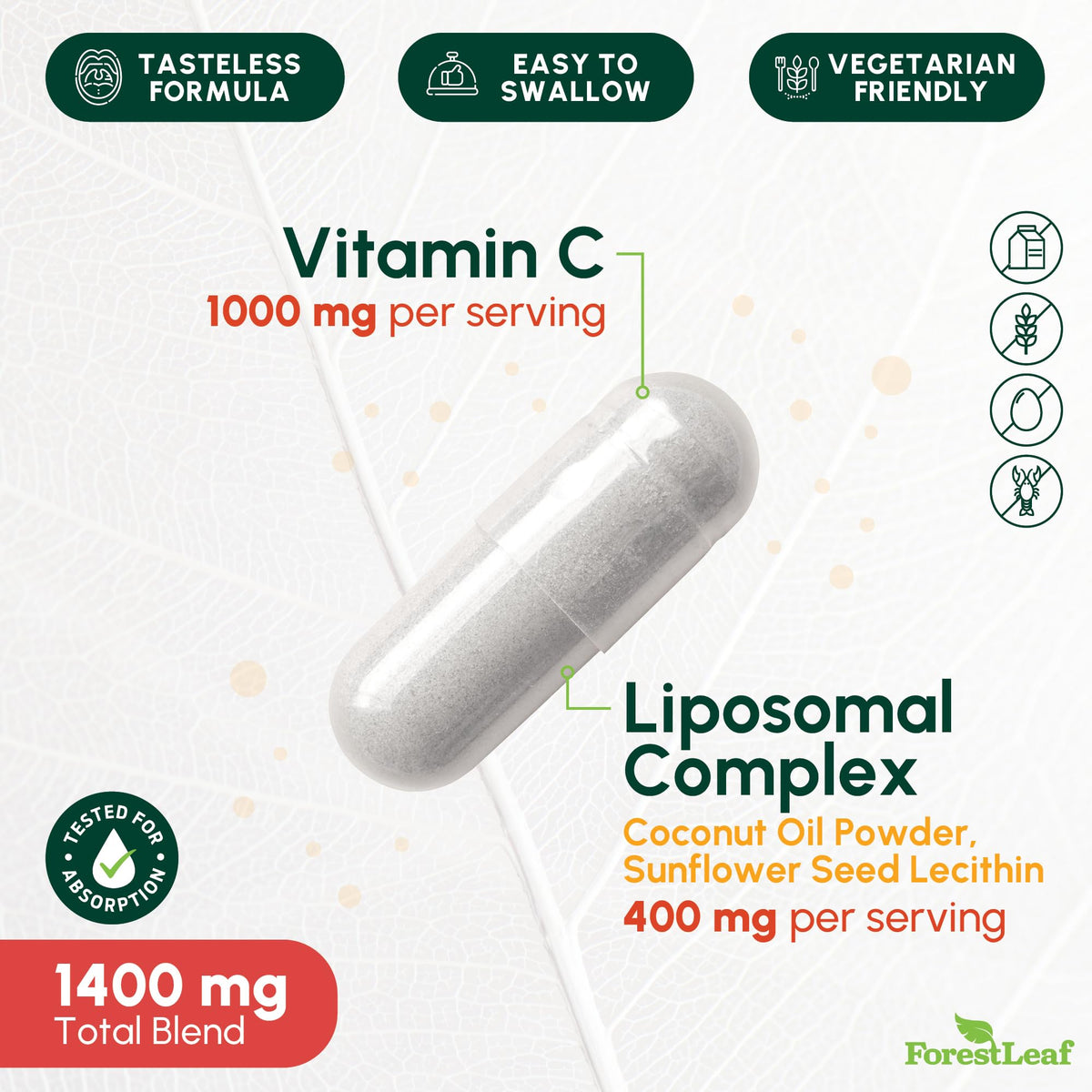 ForestLeaf Liposomal Vitamin C 1400mg Capsules - High Dose Vitamin C Liposomal Supplement w Coconut Oil Fatty Acids - Fast Absorption - Immune Support, Antioxidant