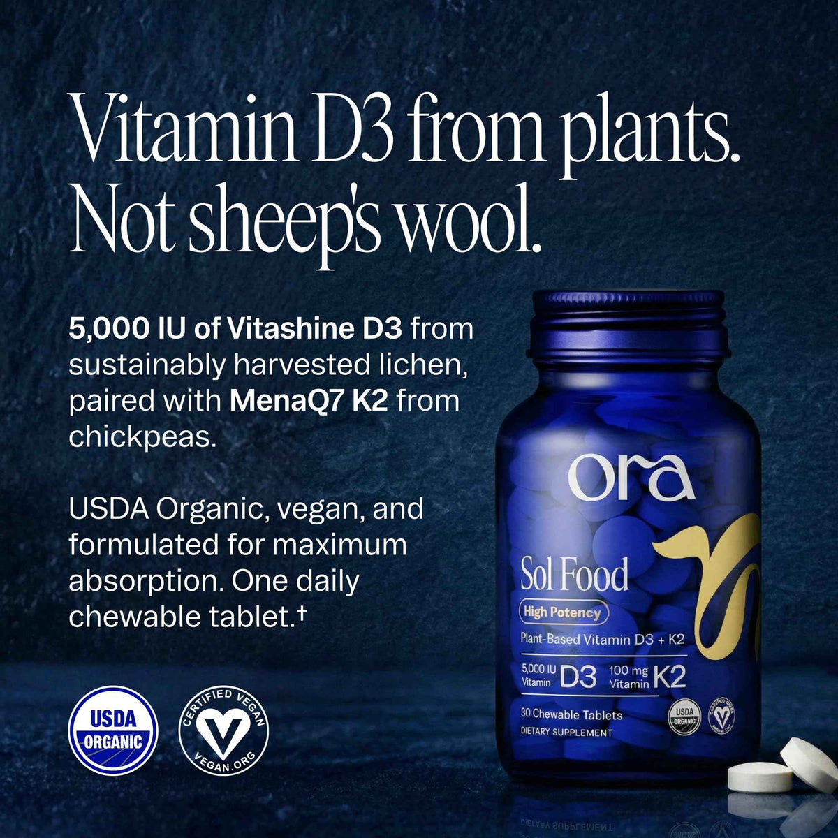 Ora Organic Vitamin D3 5000IU + K2 - Vegan Vitamin D from Lichen and K2 from Chickpeas for Bone Health, Immune Support, & Mood, Maximum Absorption - 1 Month Supply, 30 Chewable Tablets