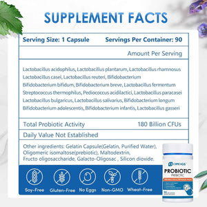 OMOGS Probiotics 180 Billion CFUs 18 Strains, 3 Prebiotics, Helps Digestive, Gut Health, Immune, Supports Occasional Constipation, Diarrhea & Gas - for Women & Men, 90 Capsules
