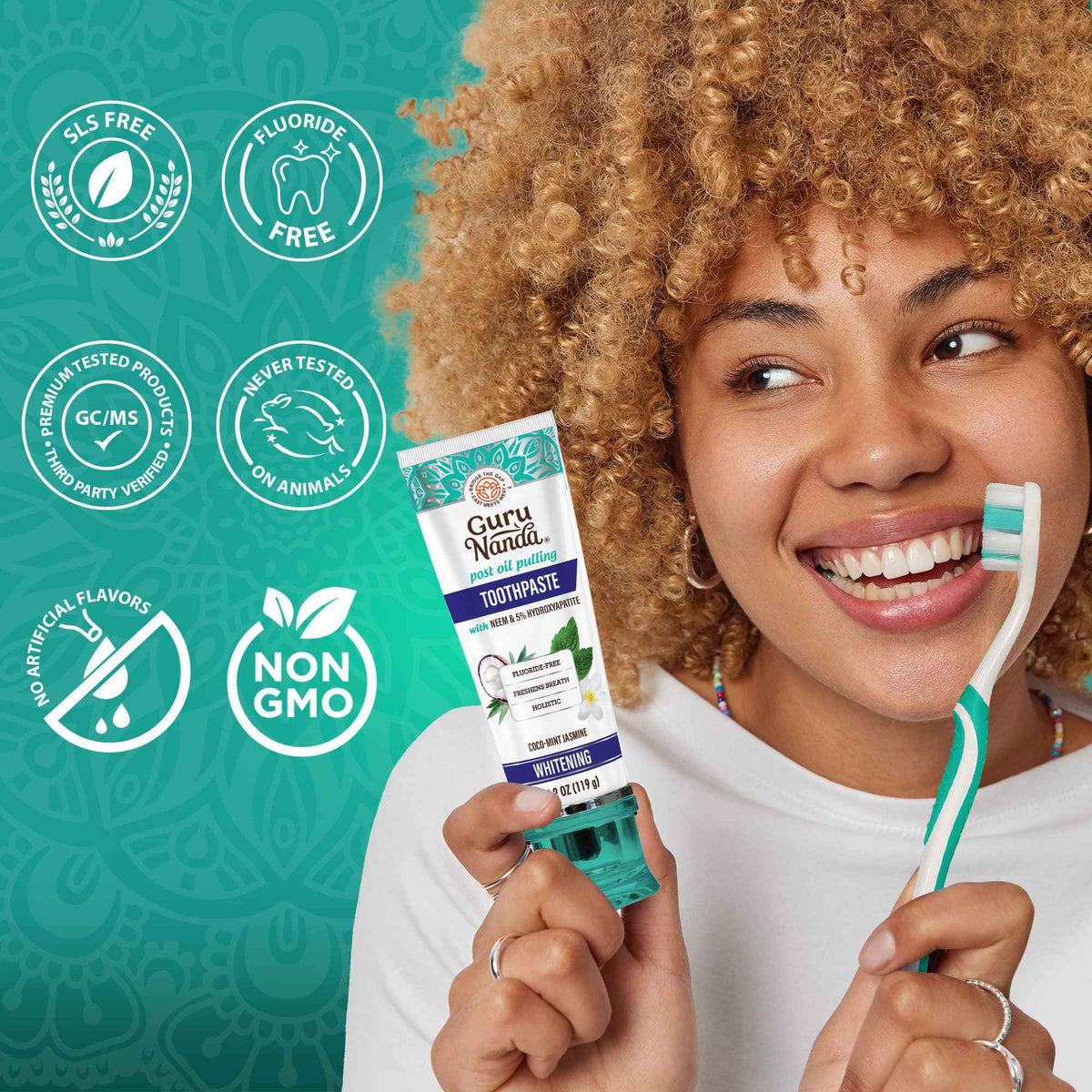 GuruNanda Hydroxyapatite Toothpaste for Whitening with Neem & Xylitol, SLS & Fluoride Free Formula with Tongue Scraper & Squeezer - Freshens Breath, Fights Plaque